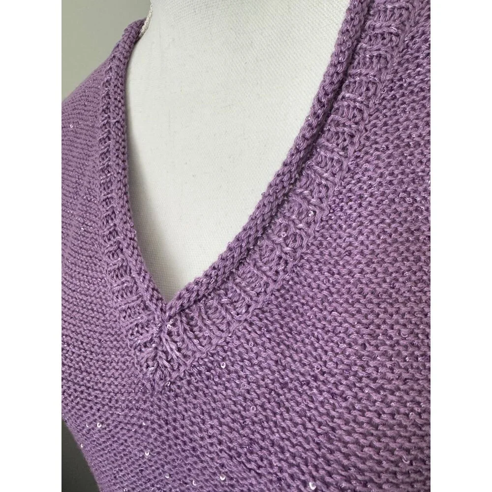 DKNY Jeans Women’s L Purple V-Neck Sequin Knit Sweater 3/4 Sleeves Light Comfort - Picture 2 of 9
